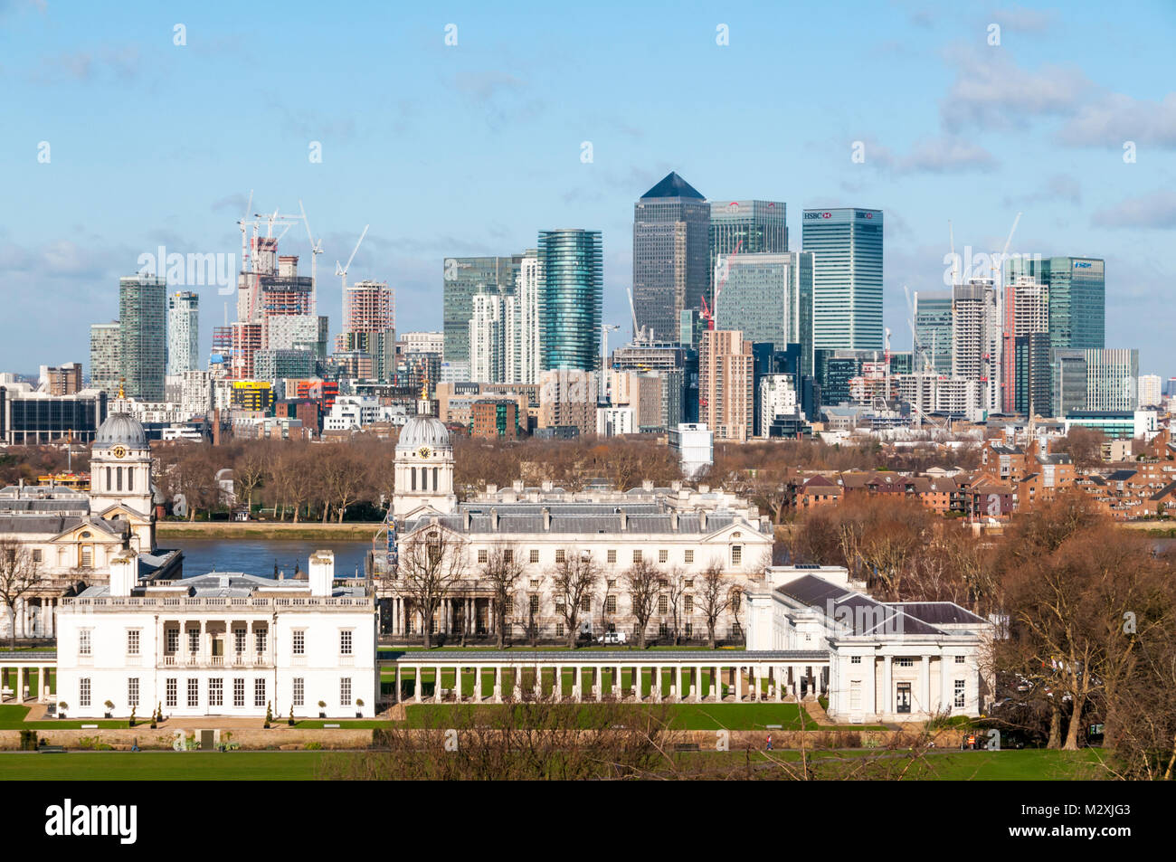 London Docklands & Canary Wharf seen From Greenwich over the Queen's House & Old Royal Naval College. Stock Photo