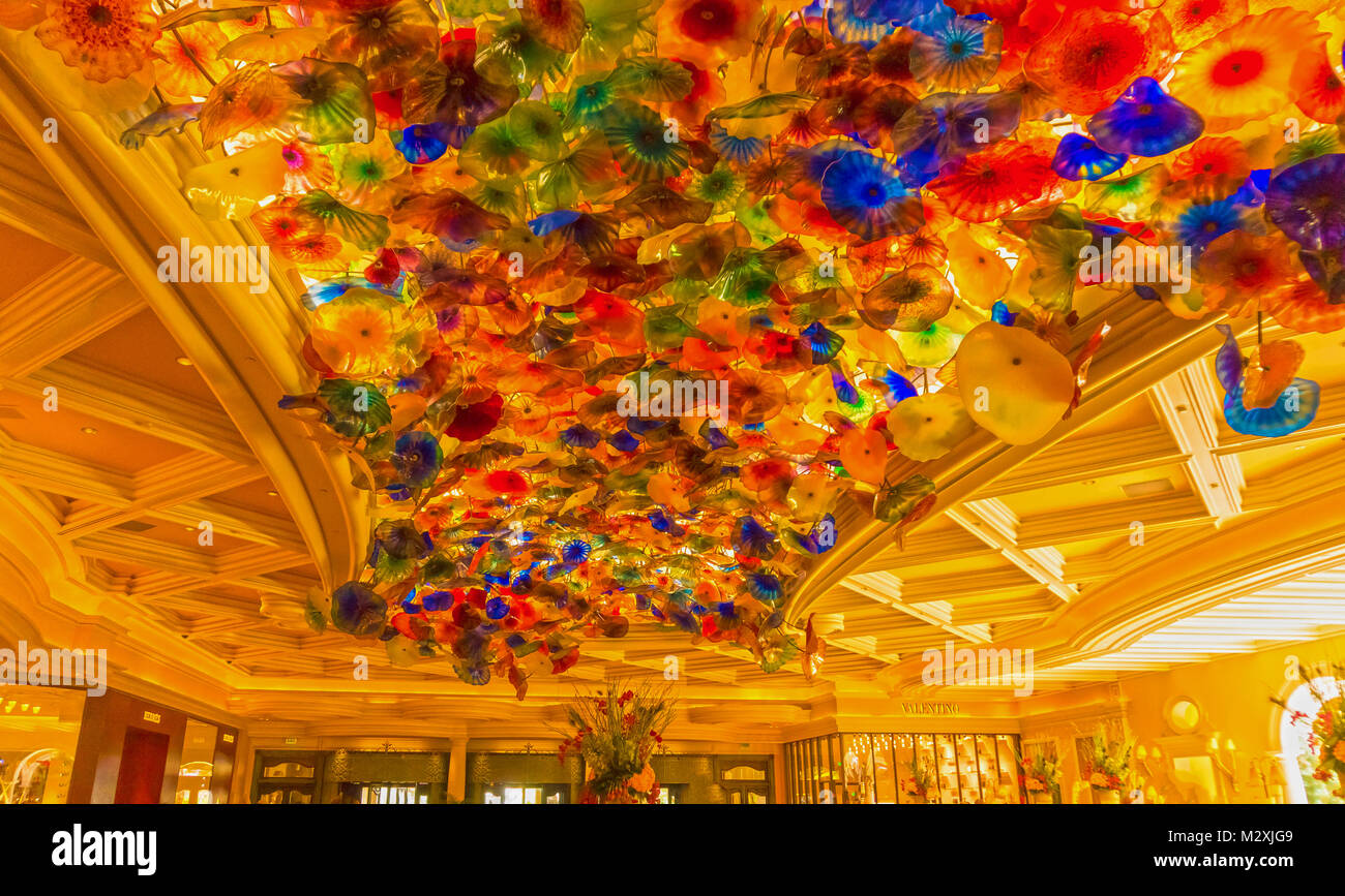 Las Vegas, USA - May 05, 2016: The Hand Blown Glass Flower Ceiling at the Bellagio Hotel Stock Photo