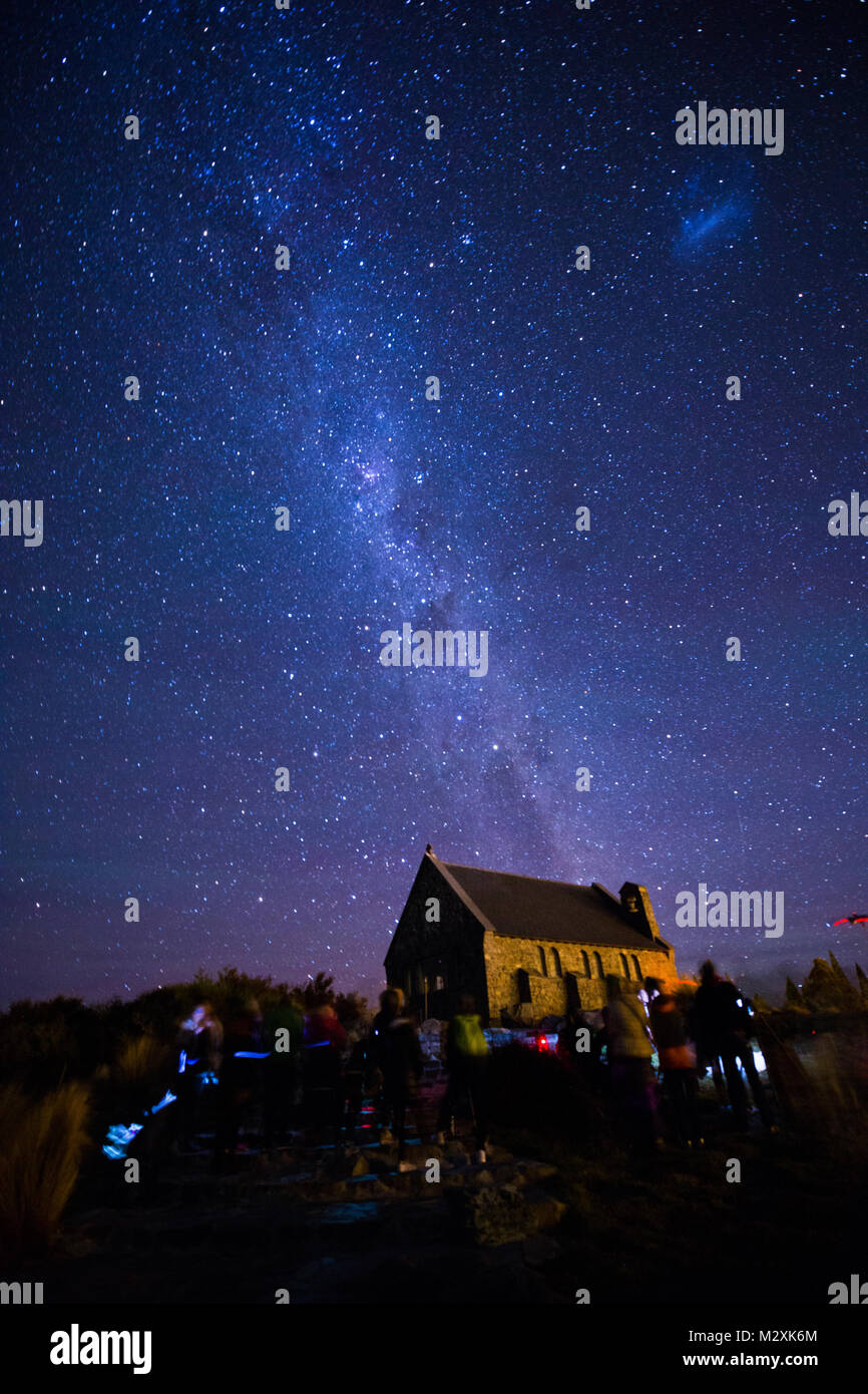 The South Island of New Zealand Tekapo Wrangler church at night Stock Photo