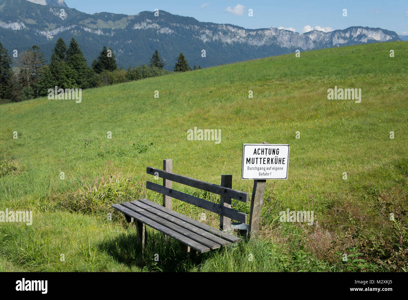Austria, Tyrol, bench with danger sign, 'Achtung Mutterkühe', Reith bei Kitzbuehel. Stock Photo