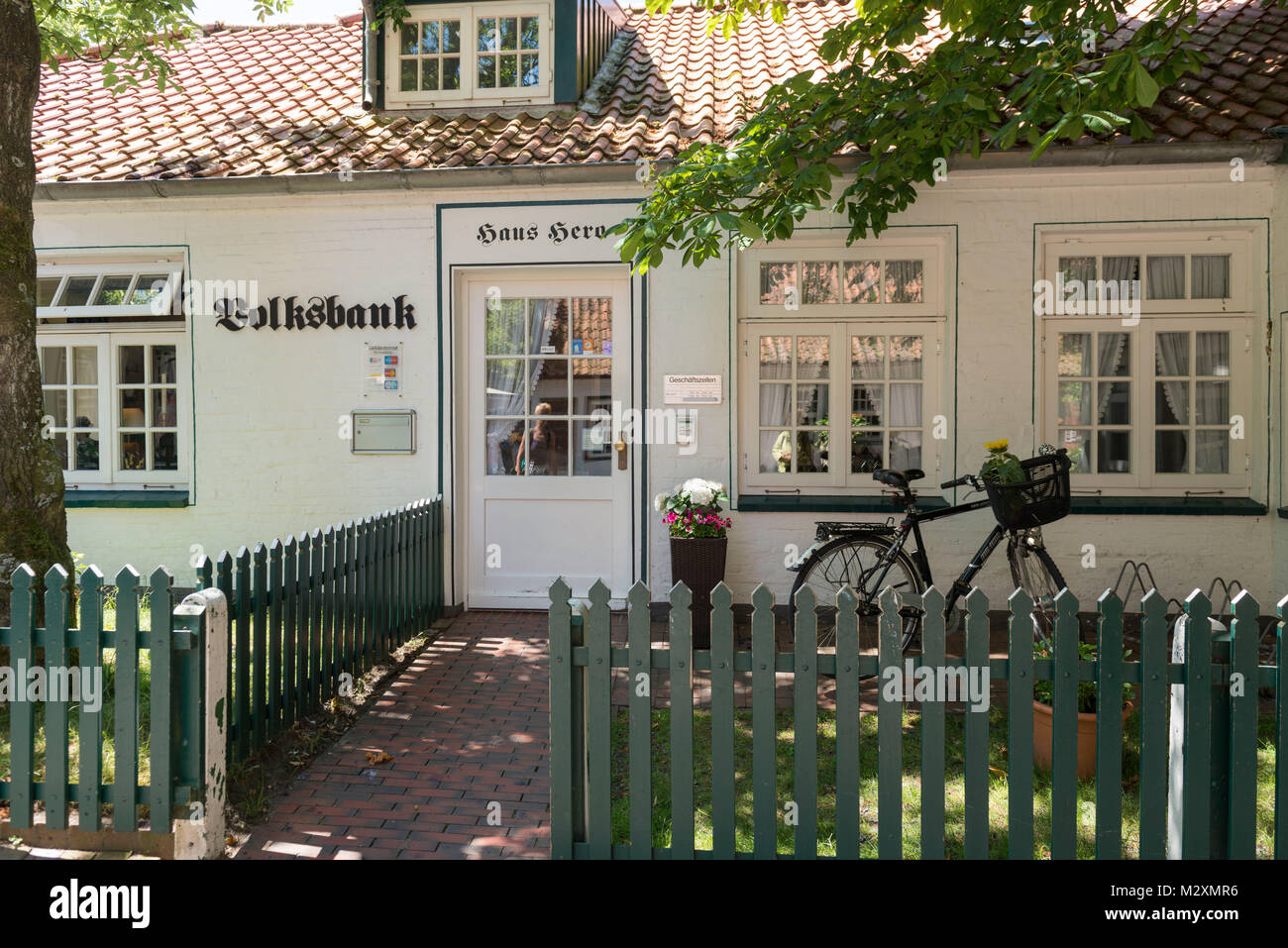 Germany, Lower Saxony, East Frisian islands, Volksbank on Spiekeroog. Stock Photo