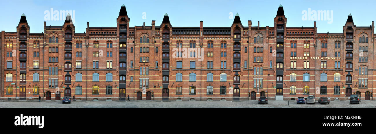 Hamburg, warehouse district, The new Wandrahm in the panorama. UNESCO world cultural heritage. Streetline multi perspective photography Stock Photo