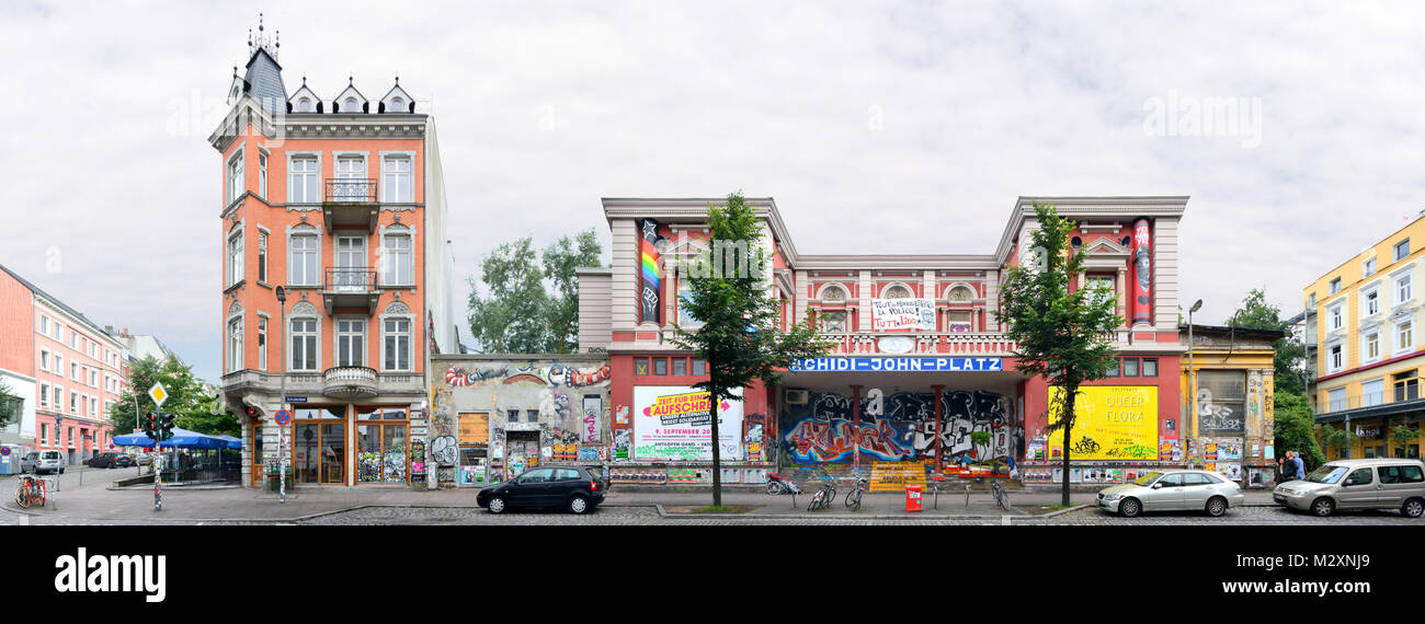 Hamburg, Germany. The Rote Flora in the Schulterblatt (street) in the Schanzenviertel (district) of Hamburg, Centre of the autonomous scene of Hamburg. Linear multinational viewpoint panorama as a Streetline. Stock Photo