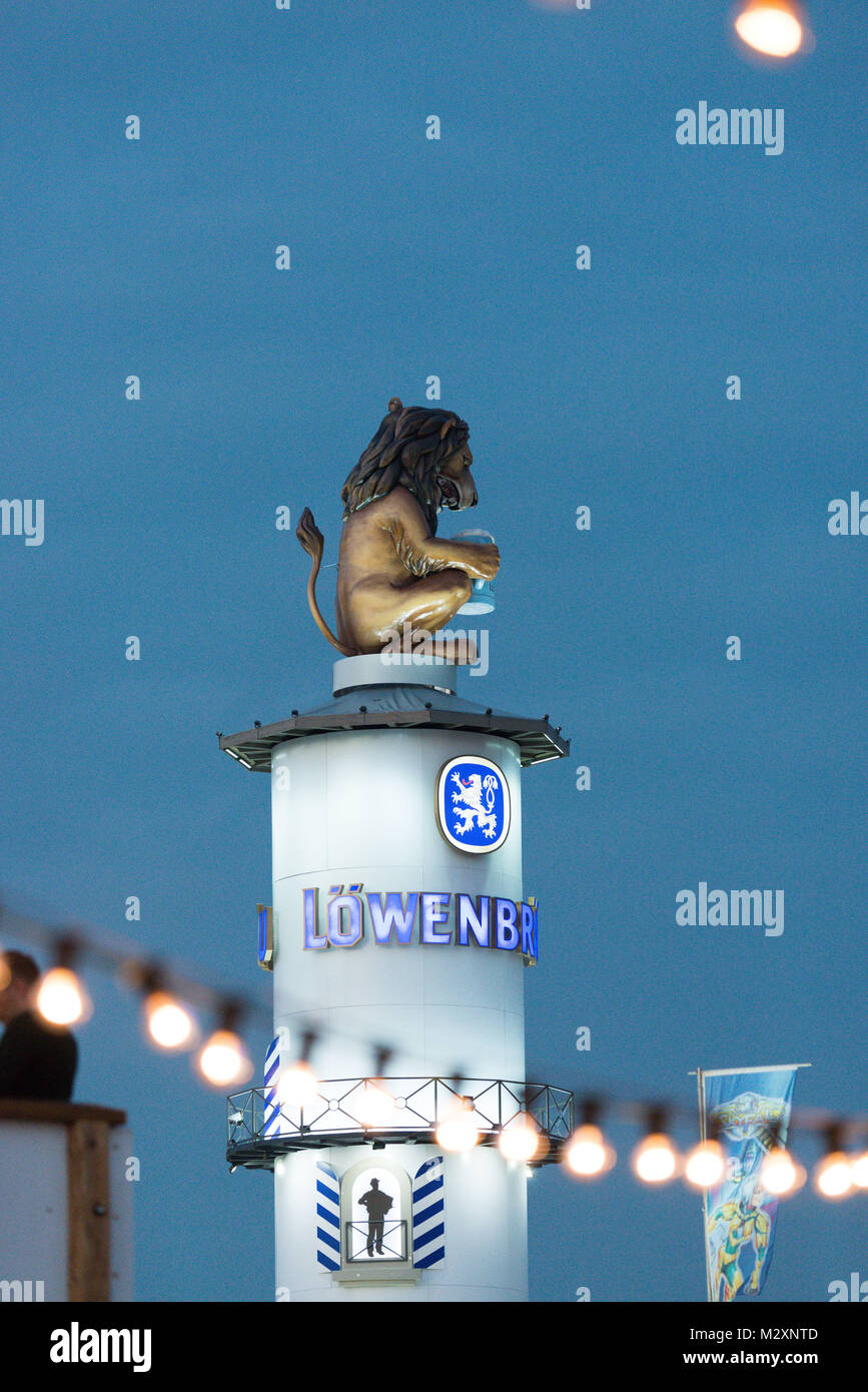Löwenbräu tower, Oktoberfest, 'Wiesn', Munich, blue hour Stock Photo