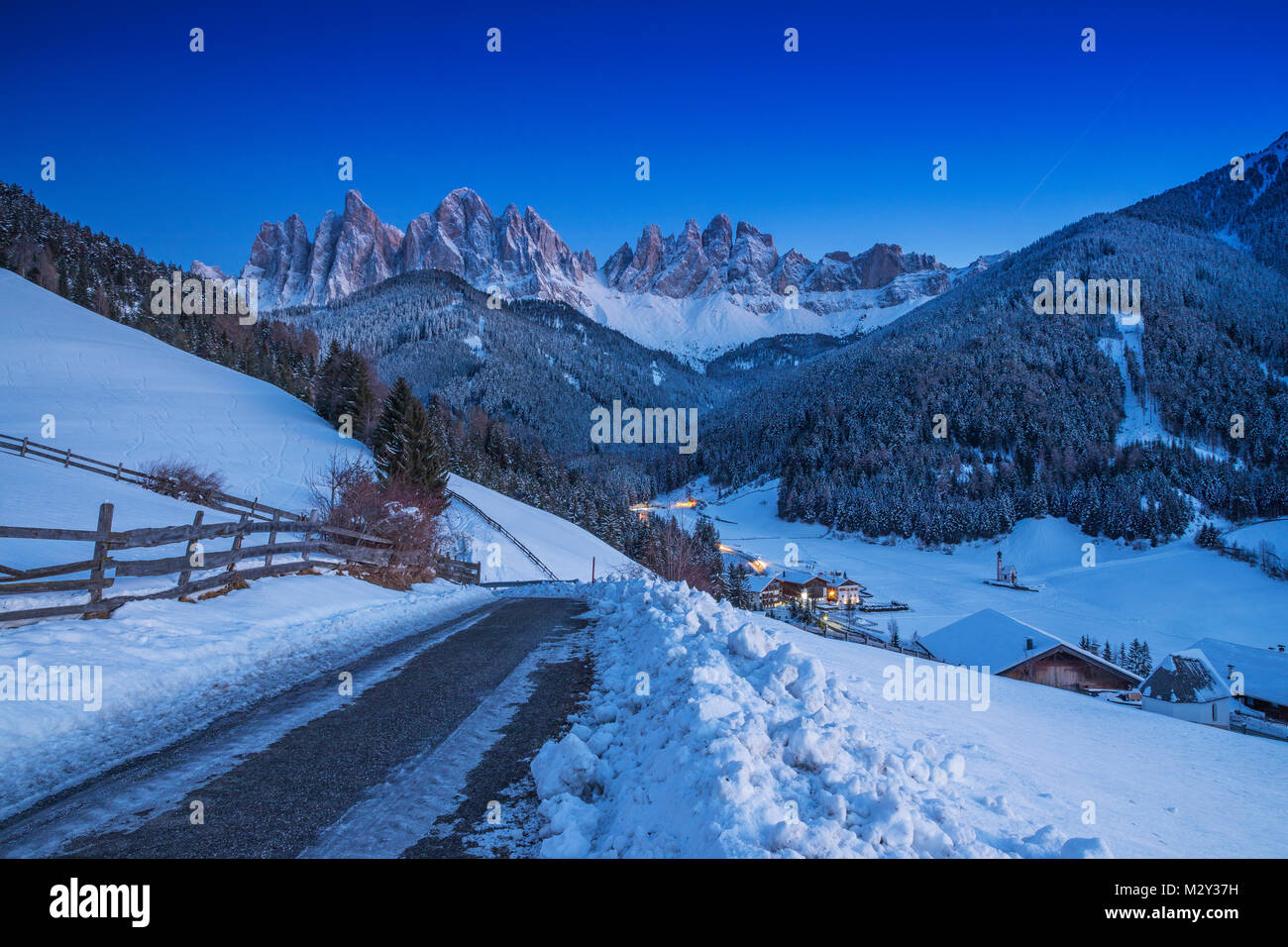 Santa Maddalena, Dolomites Mountains, evening landscape, Tyrol, Alps, Italy Stock Photo
