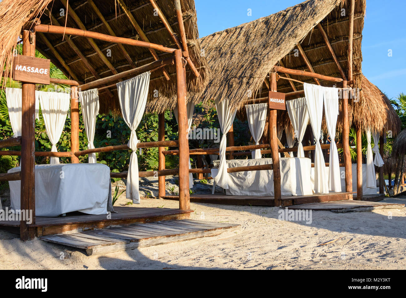 Massage canopies on the beach. Riviera Maya, Cancun, Mexico Stock Photo