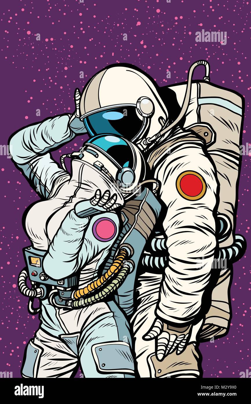 cosmic love of cosmonauts, man hugs woman Stock Vector