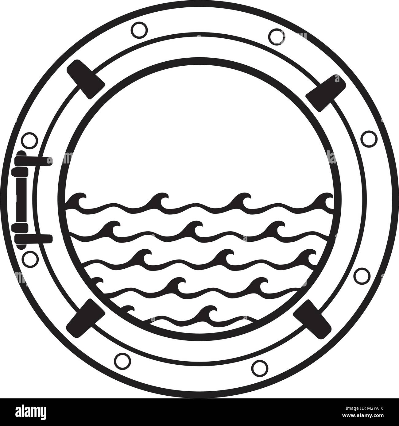 vector black and white submarine boat window symbol with sea waves. cruise ship cabin porthole icon. Stock Vector