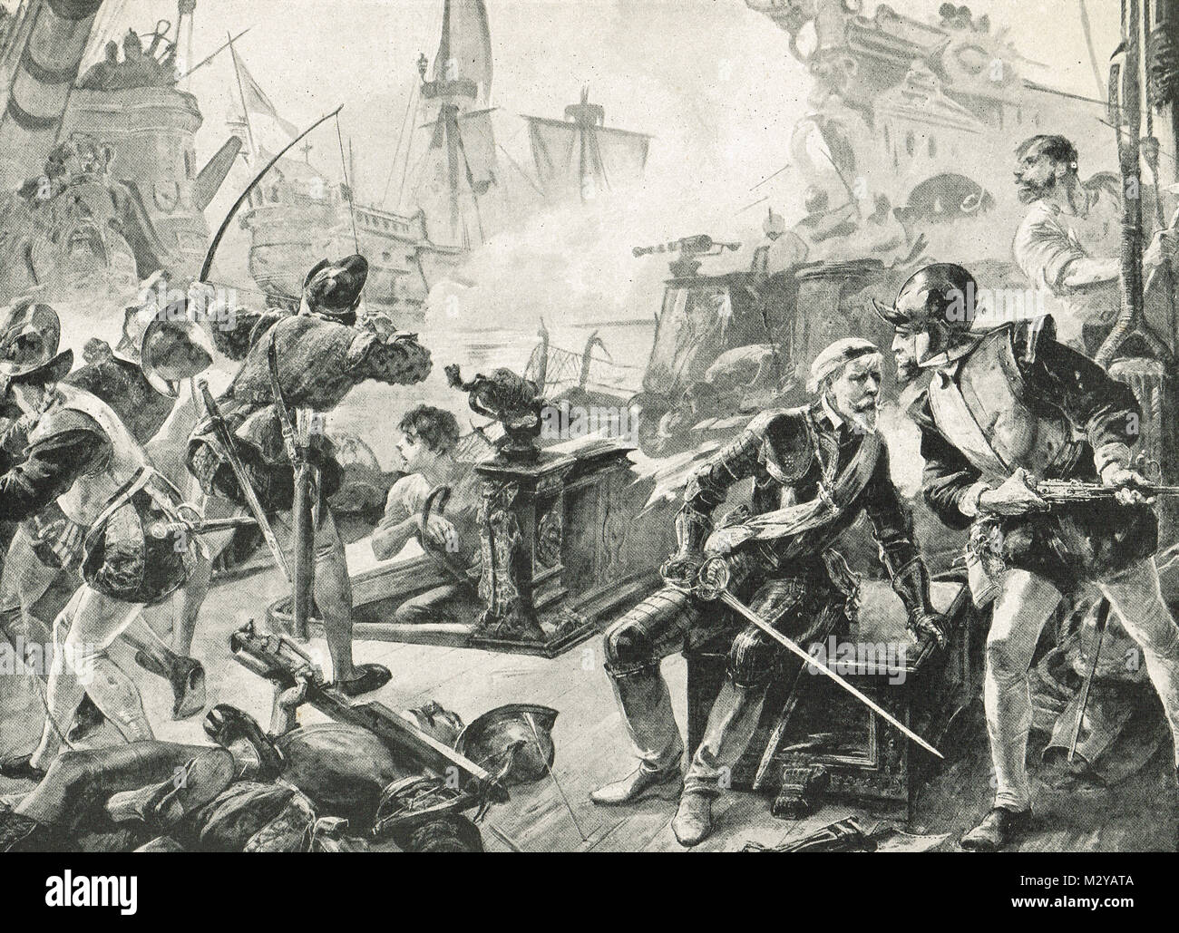 Admiral Richard Grenville, ordering the blowing up of The Revenge, Battle of Flores, 1 September 1591 Stock Photo