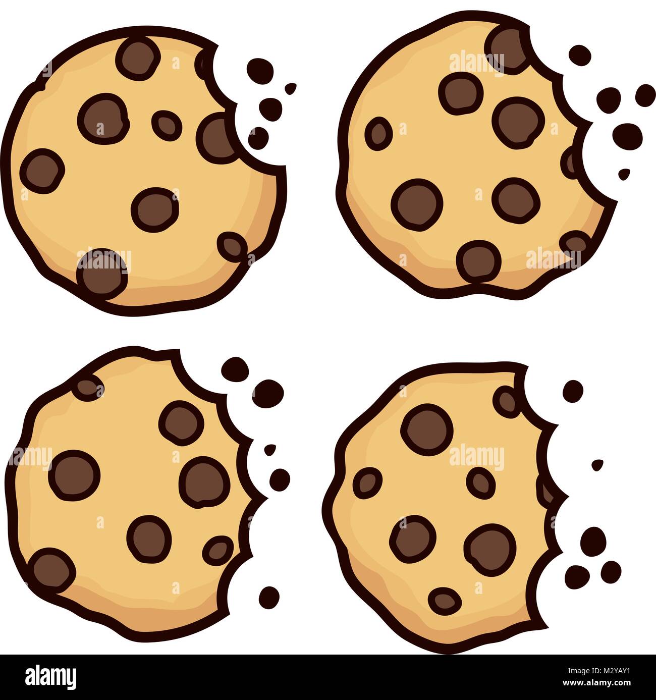 vector set of chocolate chip bitten cookies isolated on white background. symbols of homemade biscuit choc cookie with a bite and crumbs. top view of  Stock Vector