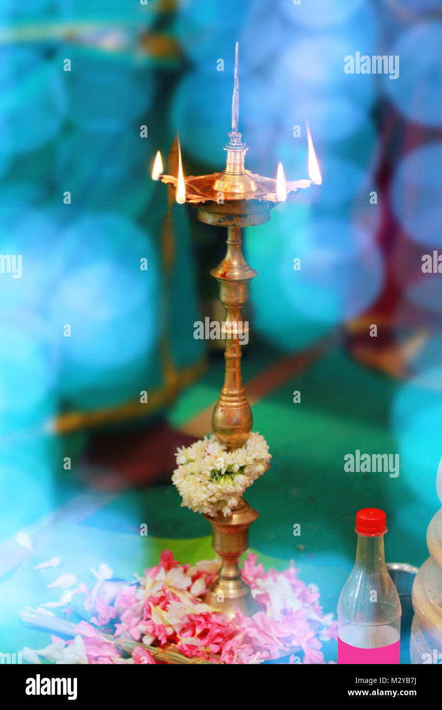 Prayer Lights At An Indian Wedding With Lights Stock Photo