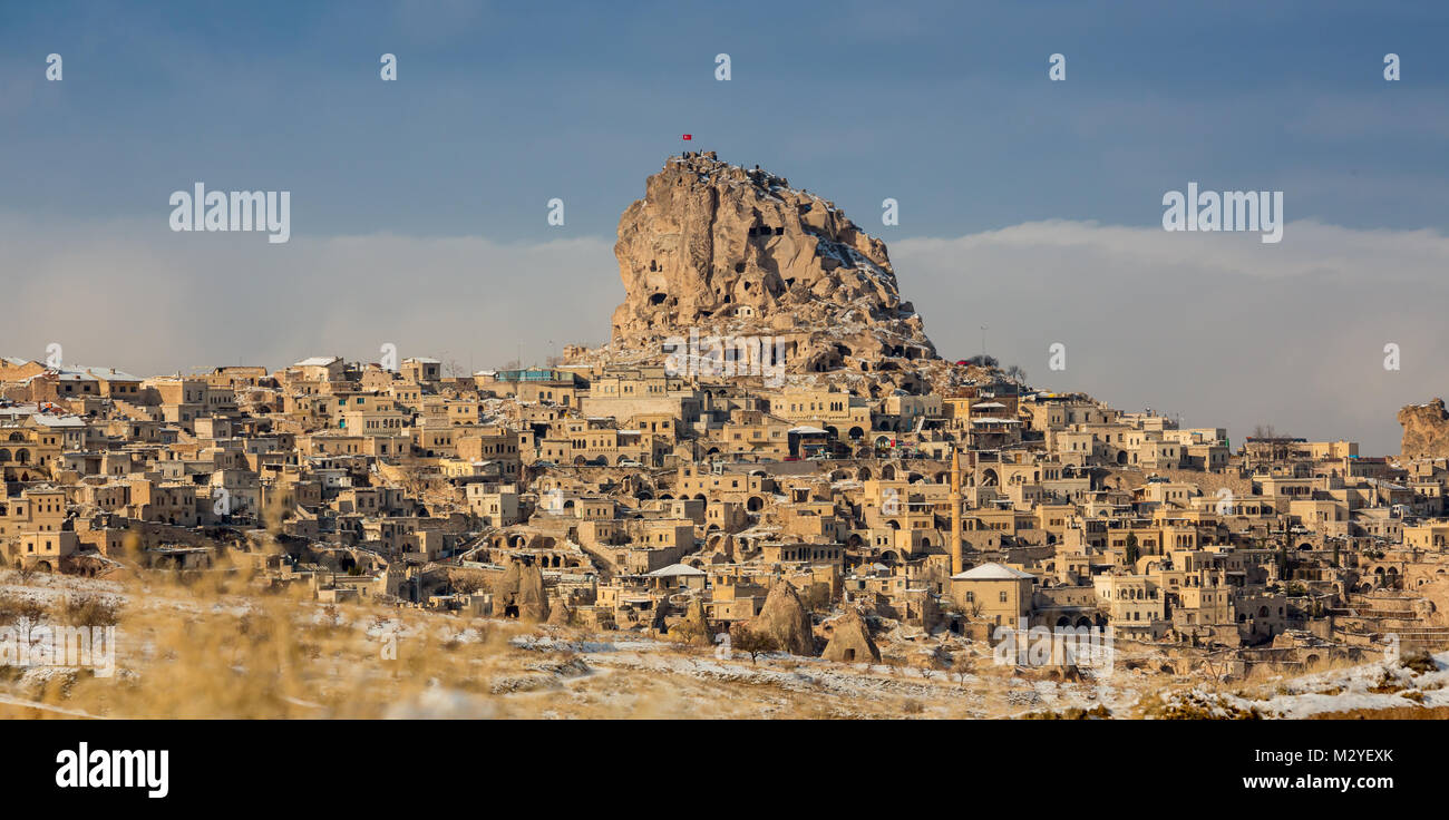Town of Uchisar at the sunrise, Cappadocia. Stock Photo