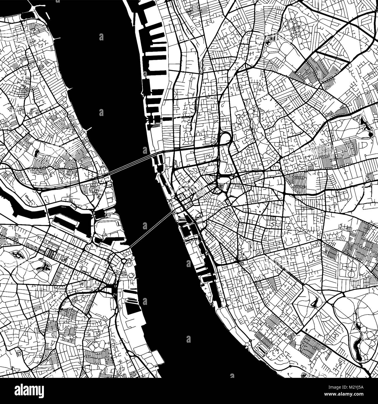 Liverpool Downtown Vector Map Monochrome Artprint, Outline Version for Infographic Background, Black Streets and Waterways Stock Vector