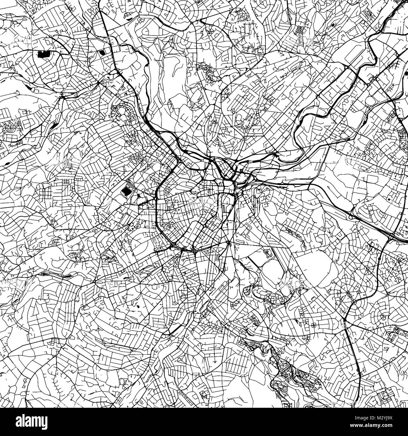 Sheffield Downtown Vector Map Monochrome Artprint, Outline Version for Infographic Background, Black Streets and Waterways Stock Vector