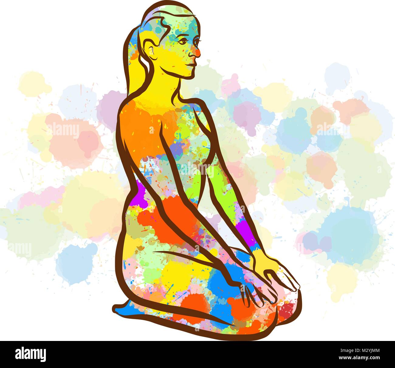 Colorful Thunderbolt Vajrasana Yoga Pose. Hand Drawn Vector Illustration, Splatter Color Isolated on White Background. Creative  Communication Concept Stock Vector