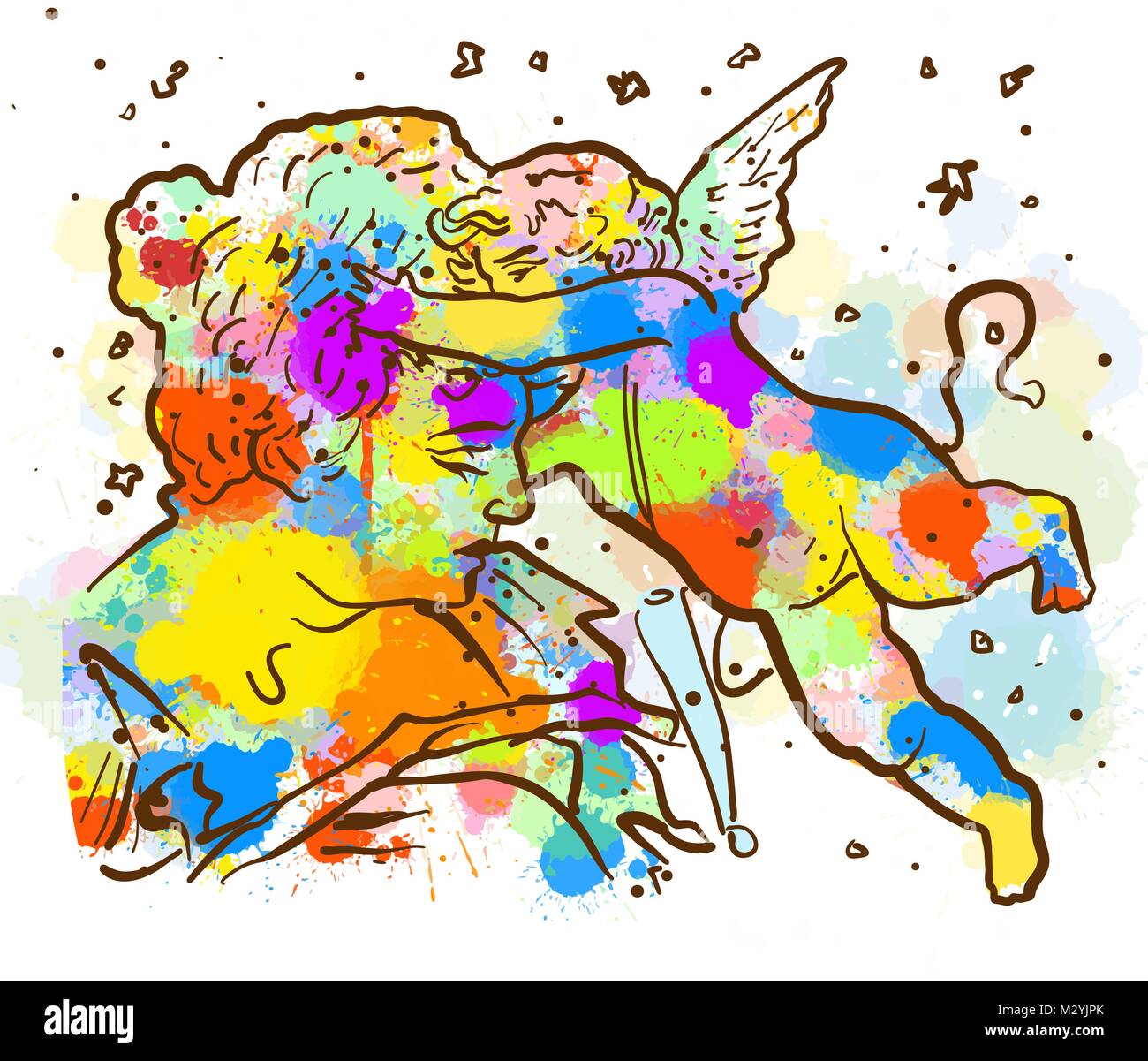 Colorful Vintage Angel Sketch. Hand Drawn Vector Illustration, Splatter ...