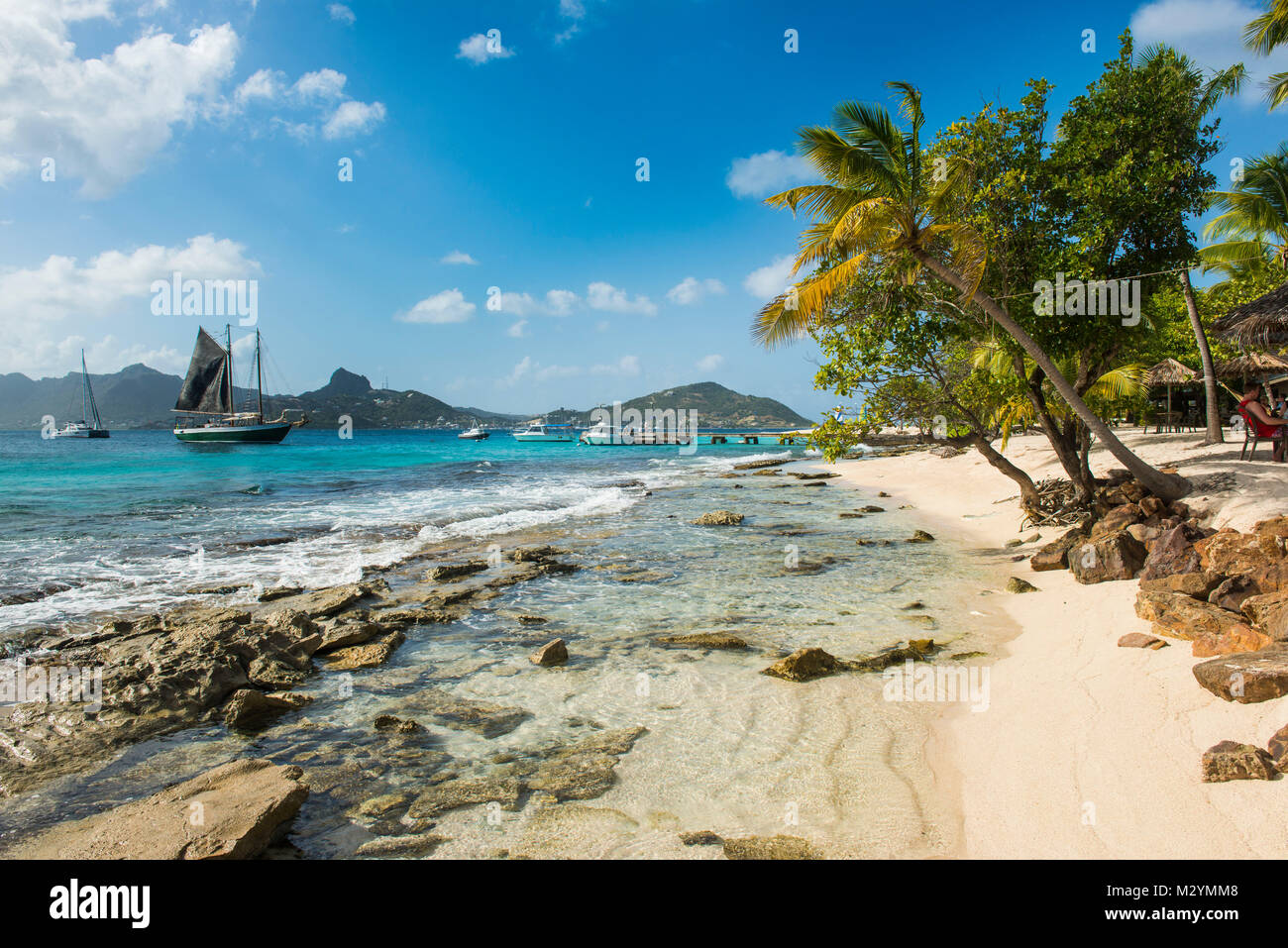 Rocky sandy beach on Palm island, Grenadines islands, St. Vincent and the Grenadines, Caribbean Stock Photo
