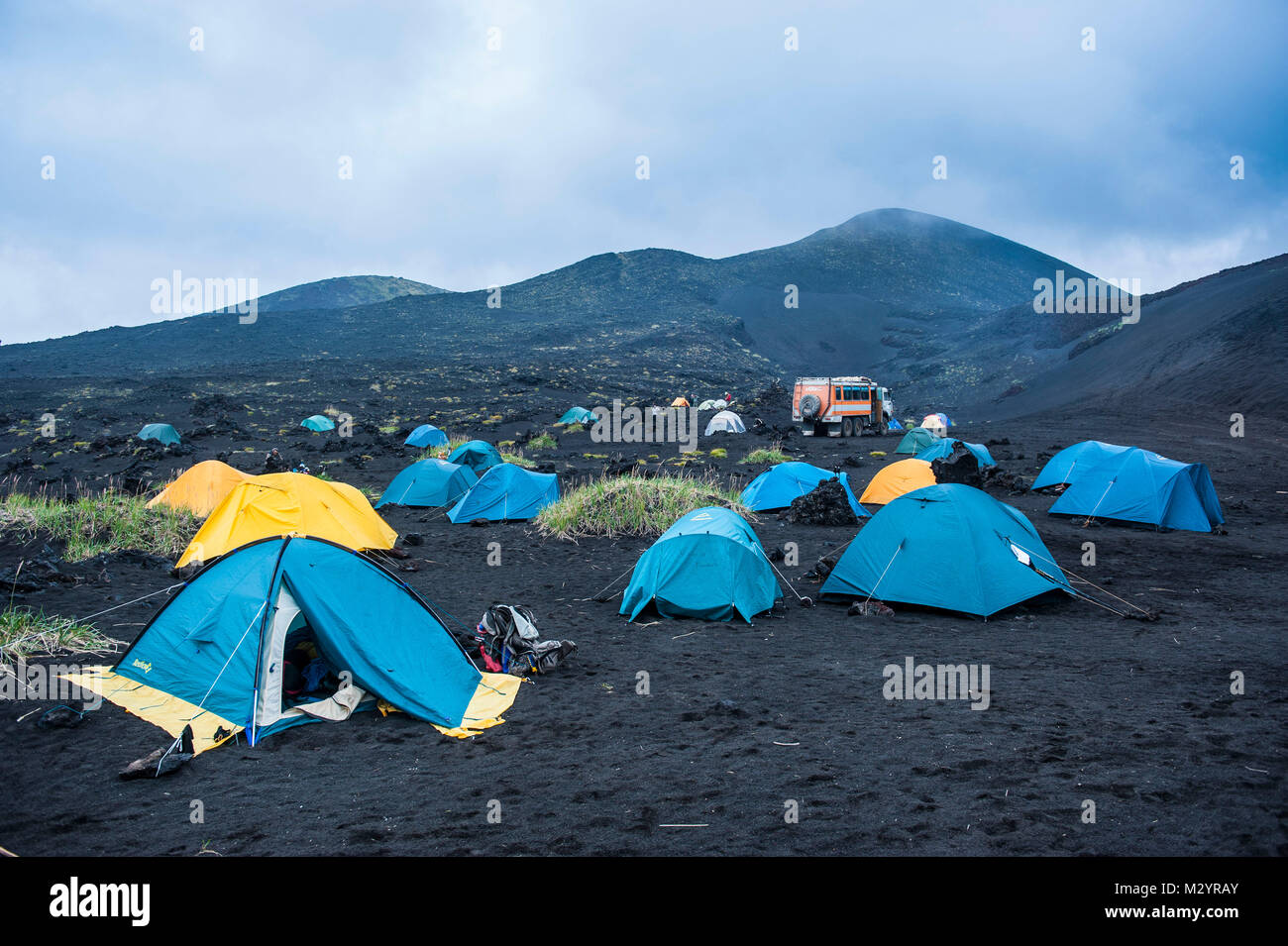 Tourist campsite at the Tolbachik volcano, Kamchatka, Russia Stock Photo