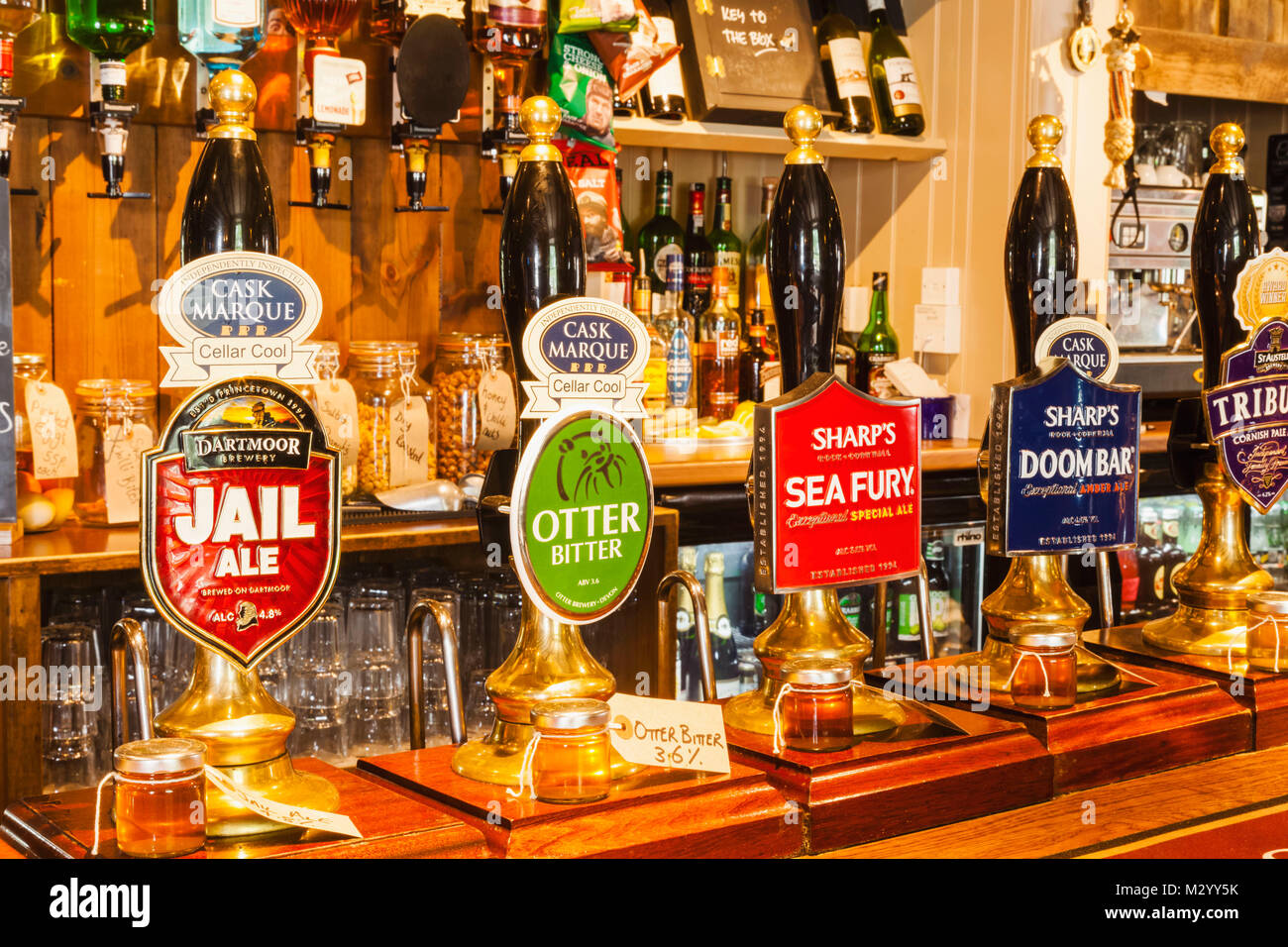 England, Cornwall, Pub Beer Pump Handles Stock Photo