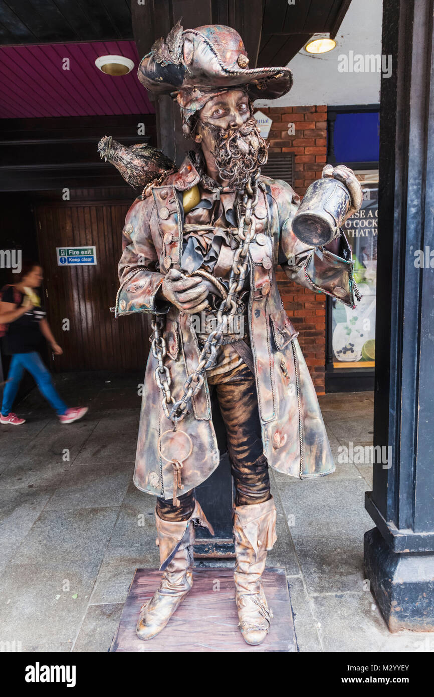 England, Devon, Exeter, Street Busker Dressed as a Pirate Stock Photo