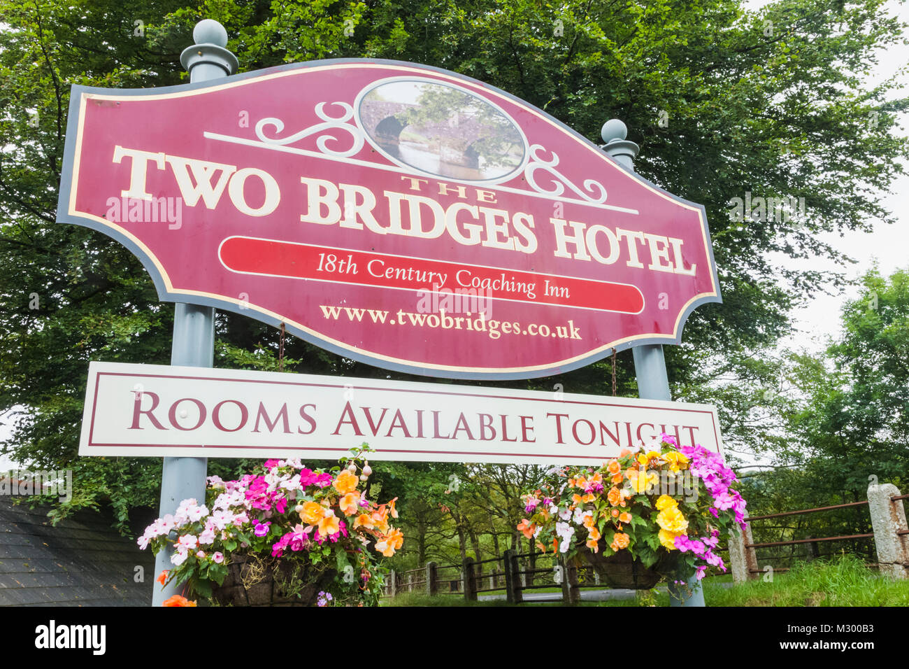 England, Devon, Dartmoor, The Two Bridges Hotel Sign Stock Photo Alamy