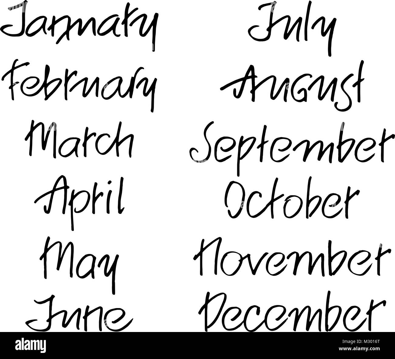 Months Of The Year Handwritten Words Hand Lettering For Calendar