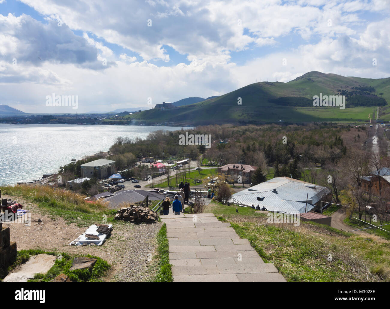 Lake Sevan in Armenia at an altitude of altitude of 1,900 m, the largest fresh water reserve in the area, panorama view, trees and souvenir stalls Stock Photo