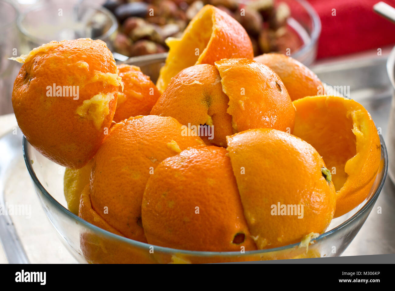 Orange Peel After Squeezing The Juice In Glass Bowl Stock Photo Alamy