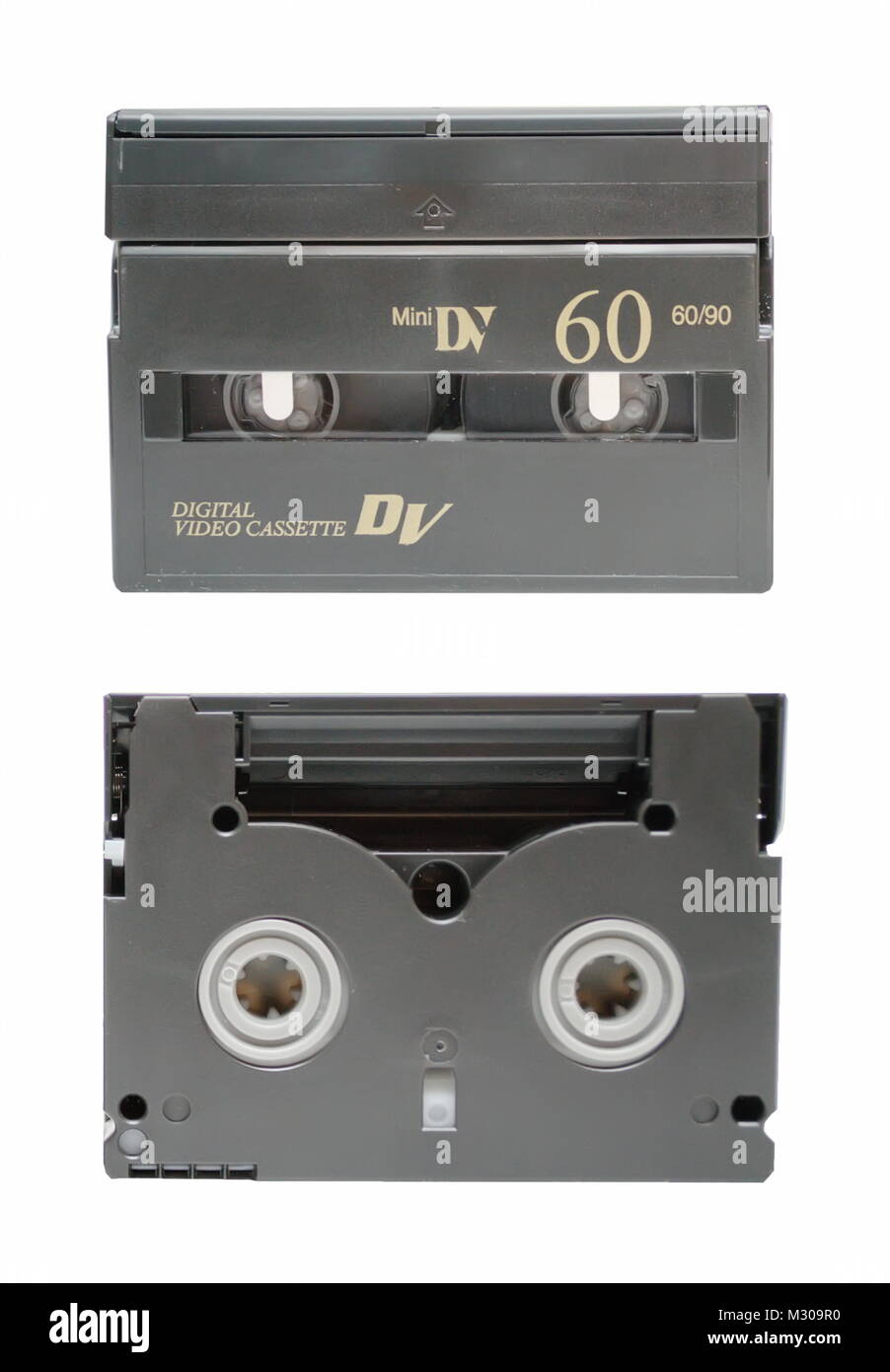 The two sides of mini DV cassette closeup Stock Photo