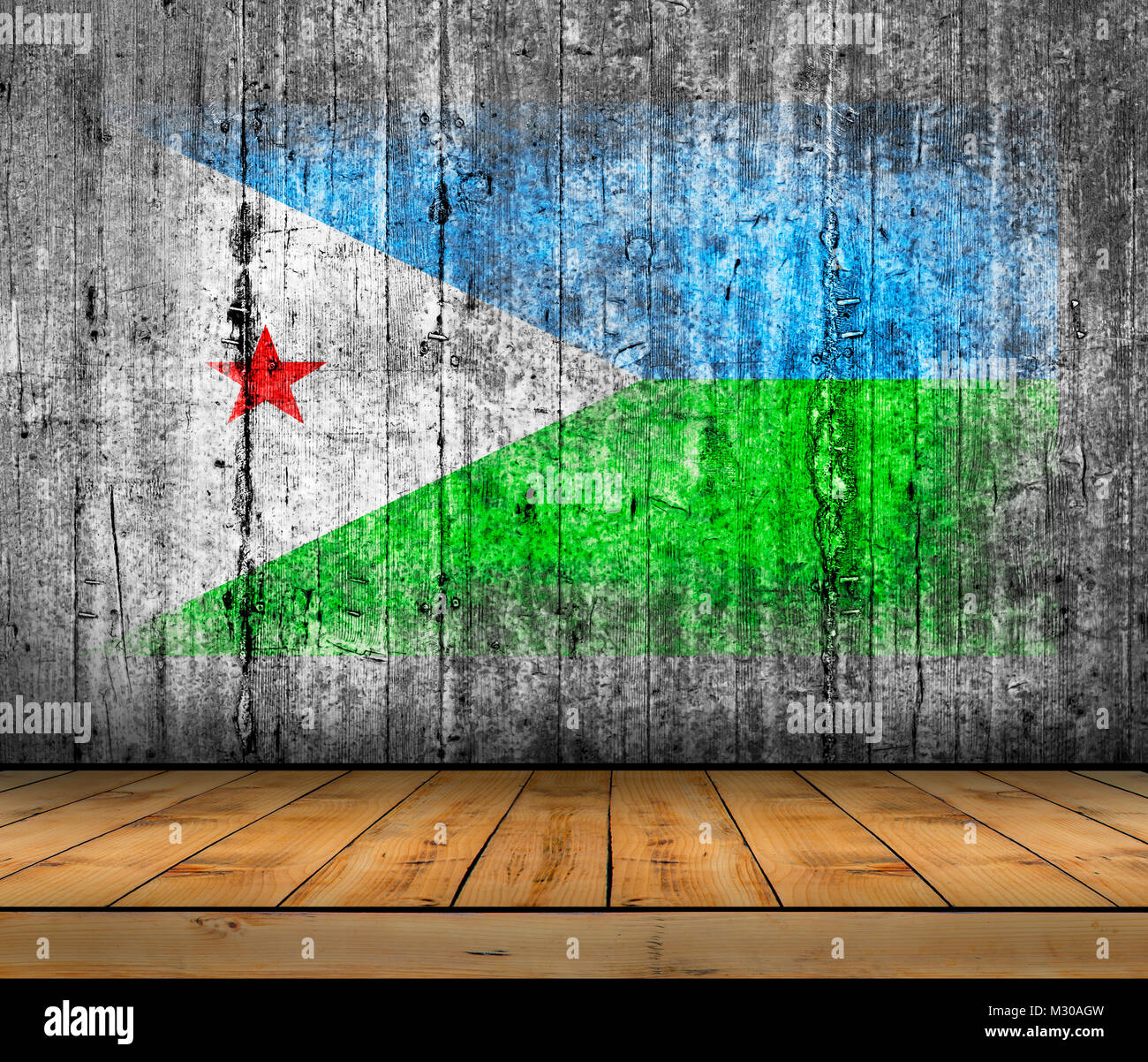 Djibouti flag painted on background texture gray concrete with wooden floor Stock Photo