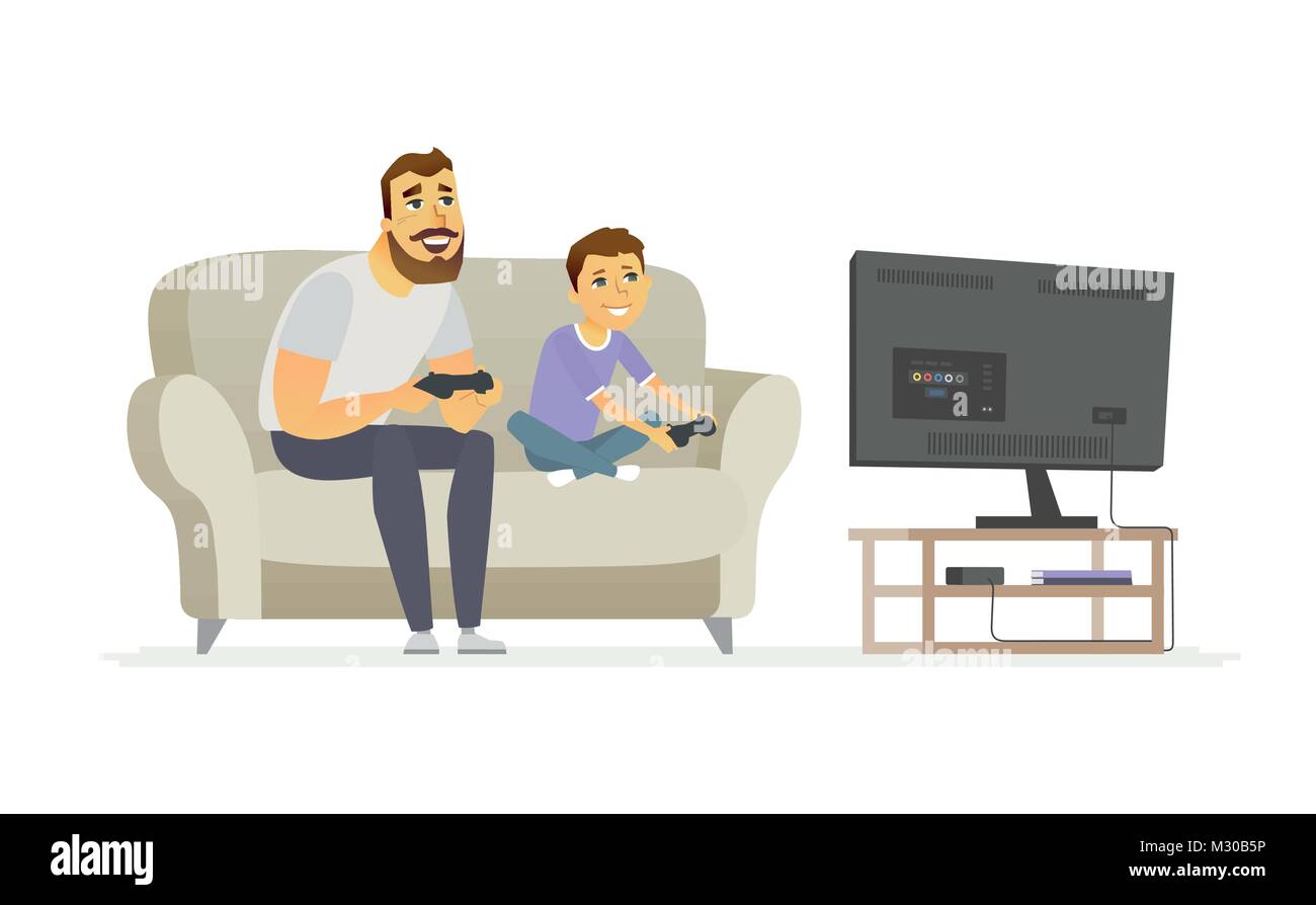 Father And Son Playing Video Games Cartoon People Characters