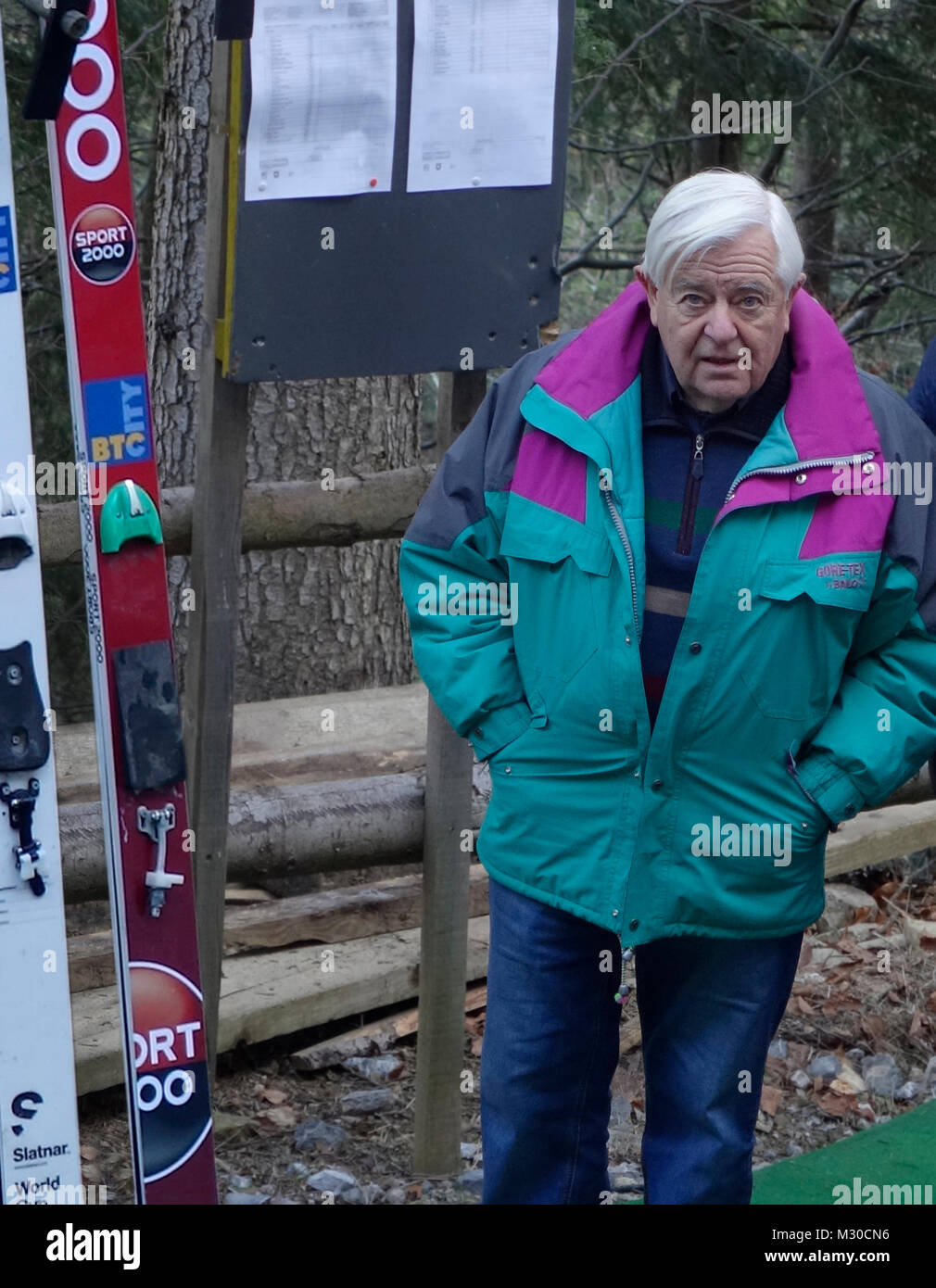 Milan Kučan is retired politician and the first president (from 1991 to 2002.) of independent Slovenia. Here on visit to start point of ski jumping hi Stock Photo