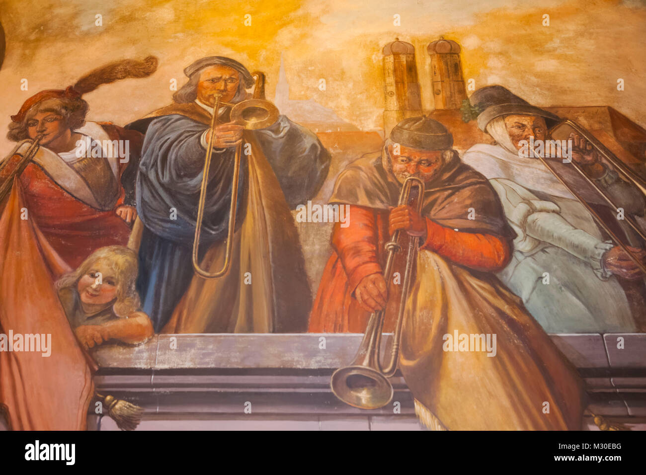 Germany, Bavaria, Munich, Marienplatz, The New Town Hall aka Neus Ratshaus, Ratskeller Restaurant, Interior Wall Painting depicting Medieval Musicians Stock Photo