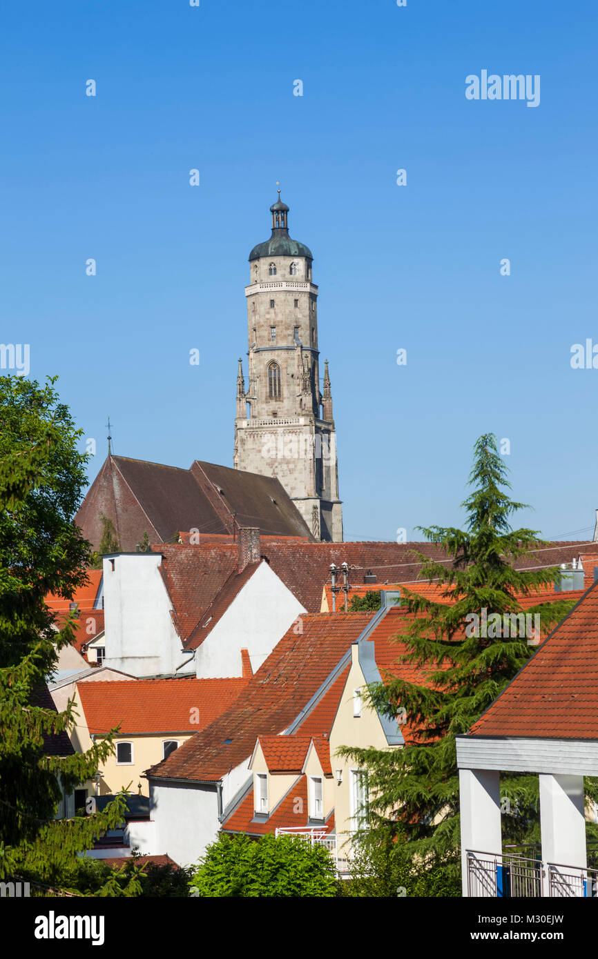 Germany, Bavaria, Romantic Road, Nordlingen, Town Skyline and St.George's Church Tower Stock Photo