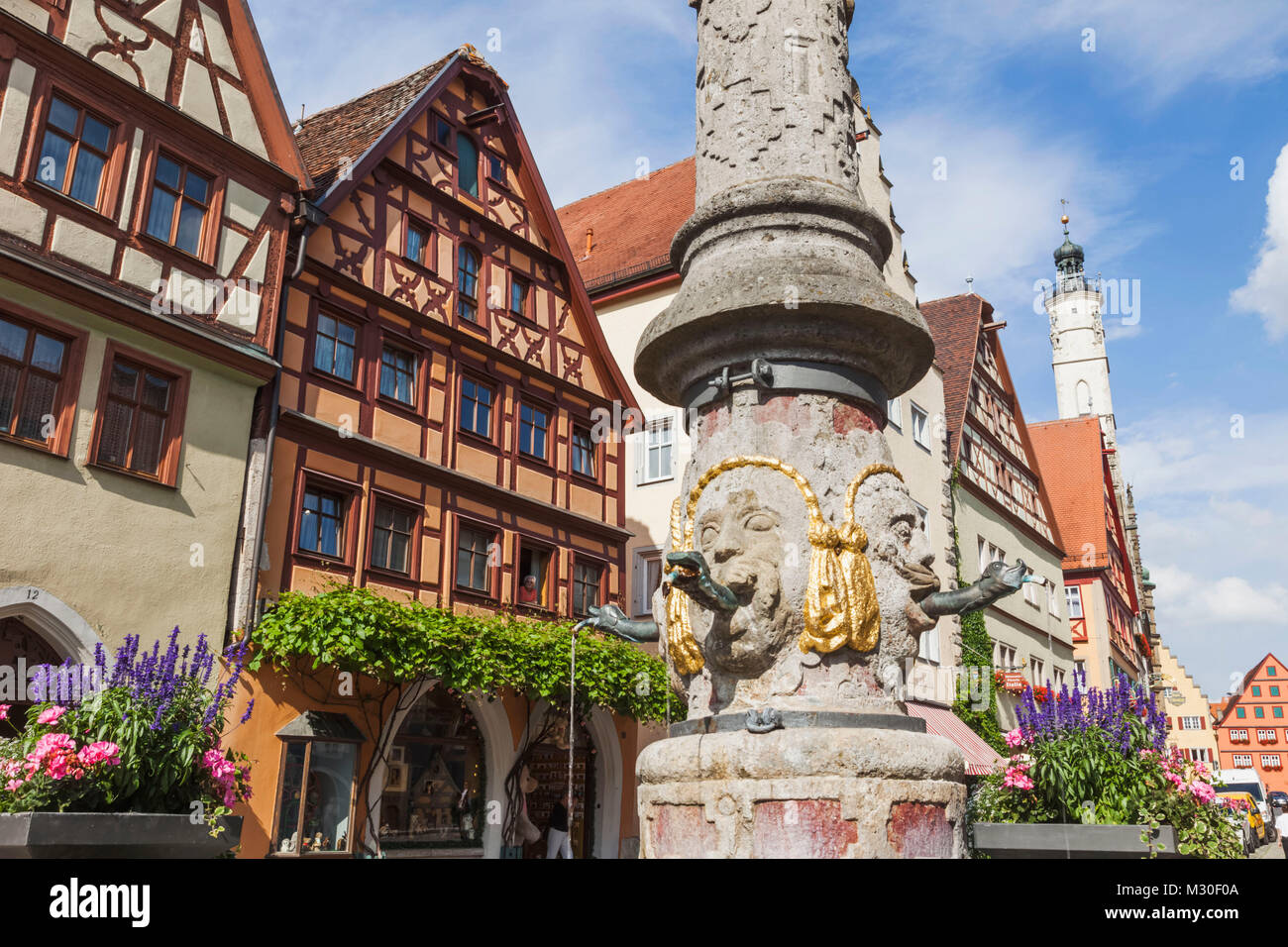 Germany, Bavaria, Romantic Road, Rothenburg ob der Tauber, Street Fountain Stock Photo