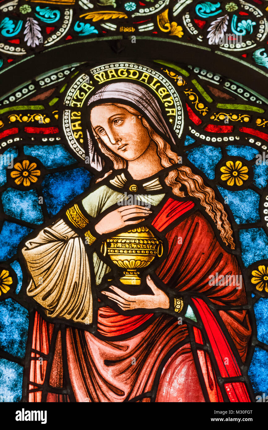 Germany, Rhineland-Palatinate, Bopppard, Church of St Severus, Stained Glass Window depicting Mary Magdalene Stock Photo