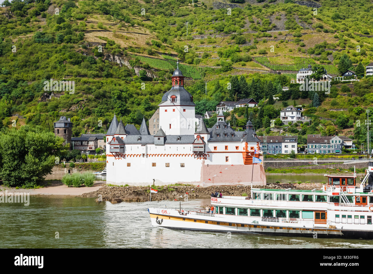Germany, Rhineland-Palatinate, Rhine Valley, River Rhine, Kaub Castle and Pleasure Steamer Stock Photo