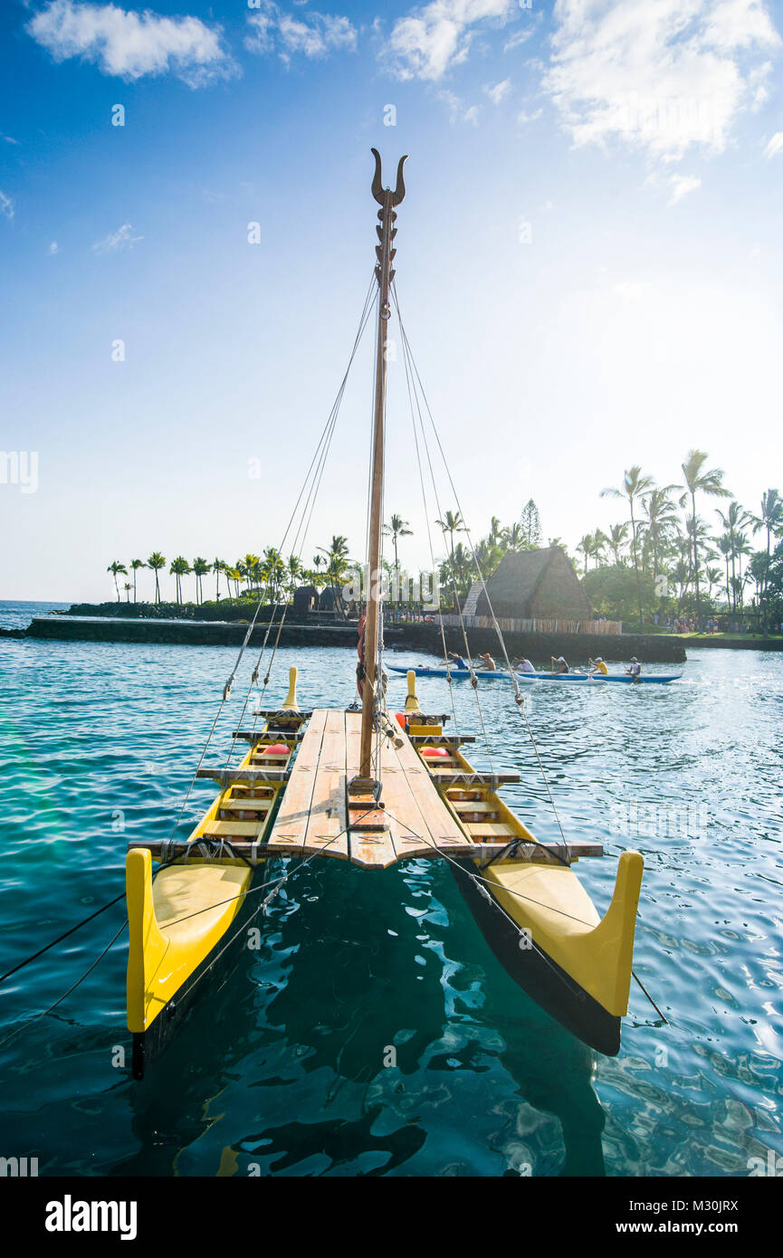 Traditional outrigger boat before the Ahuena Helau, Kailua -Kona, Big Island, Hawaii Stock Photo
