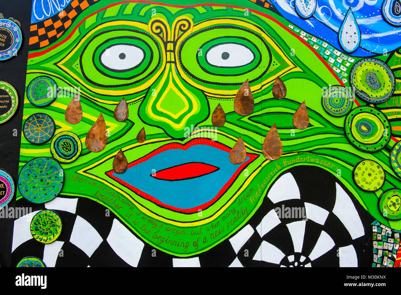 Hundertwasser wall painting in Kawakawa, North Island, New Zealand Stock Photo