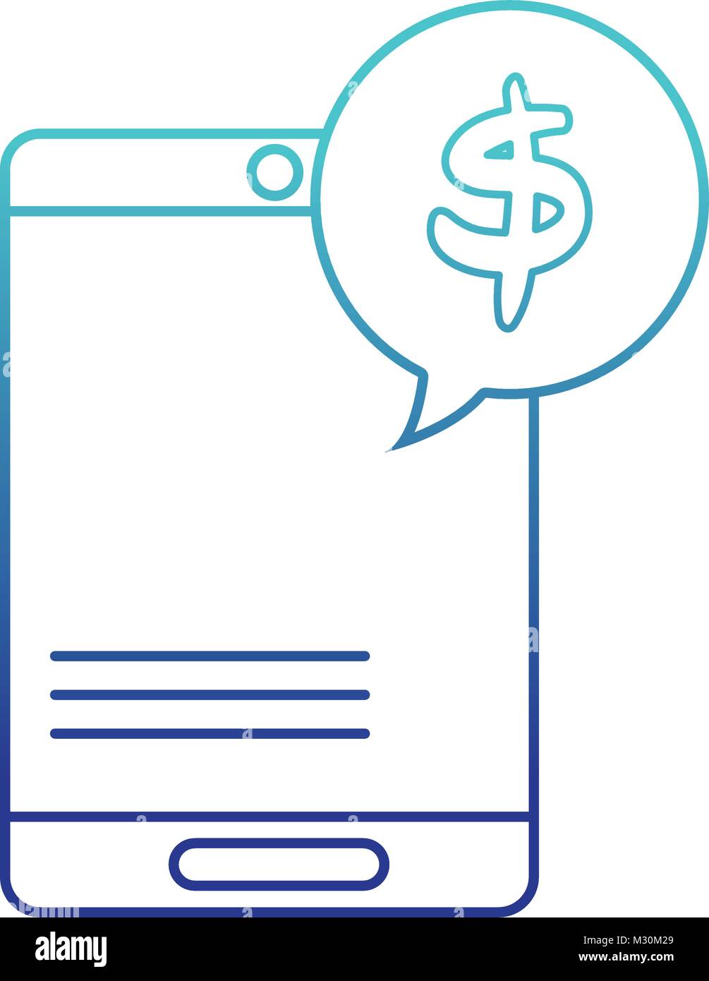 blue line smartphone technology with dollar symbol inside chat bubble ...