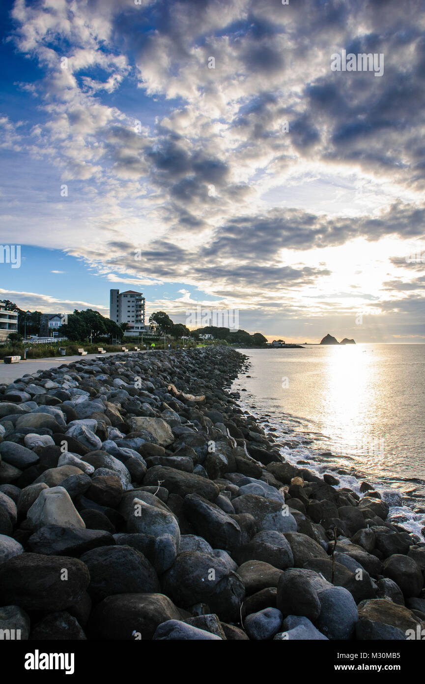 Dramatic moody sky over the  beach promenade of New Plymouth, Mount Taranaki, North Island, New Zealand Stock Photo