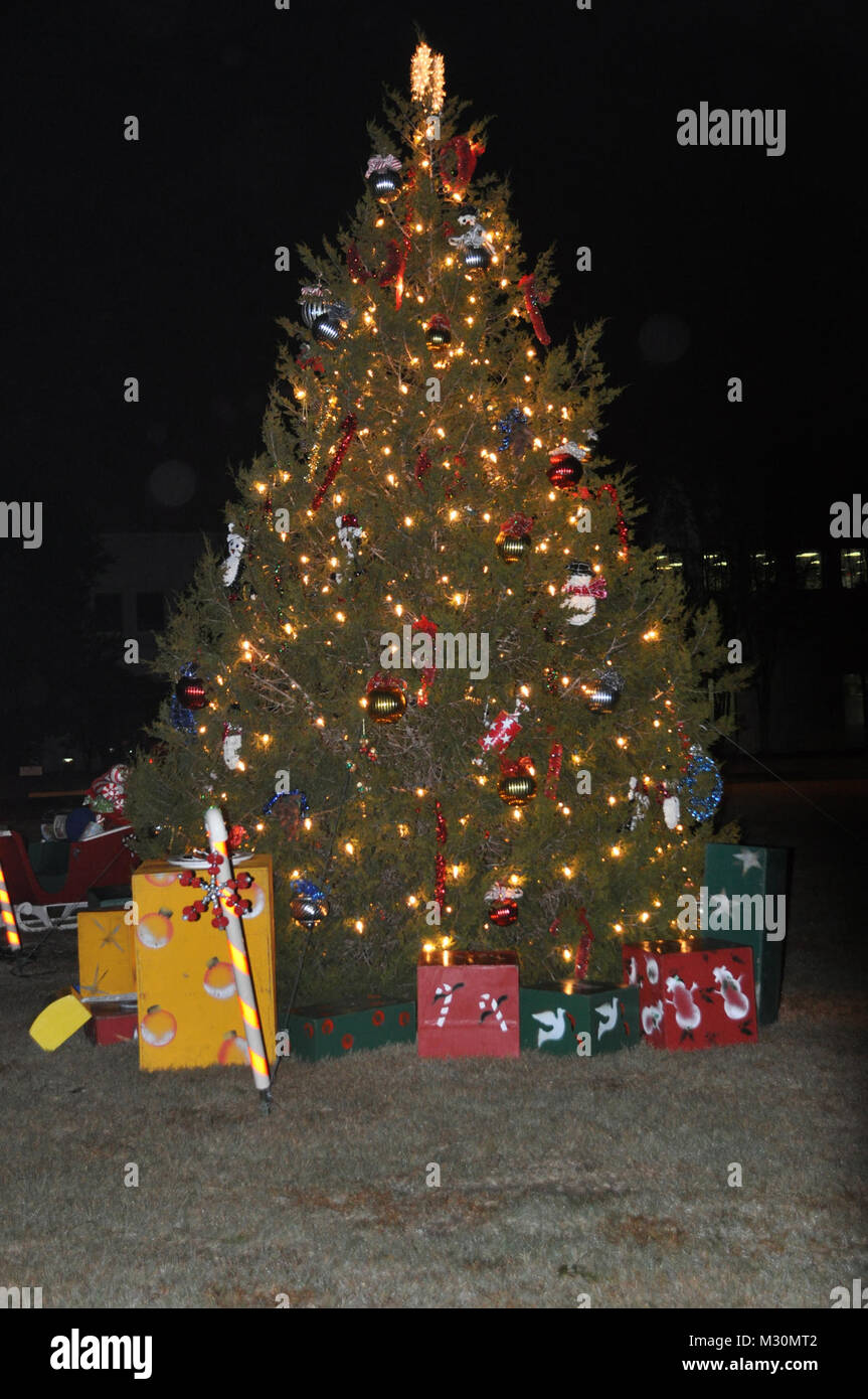 The Camp Mabry holiday tree glows at night. The annual holiday tree lighting ceremony was held