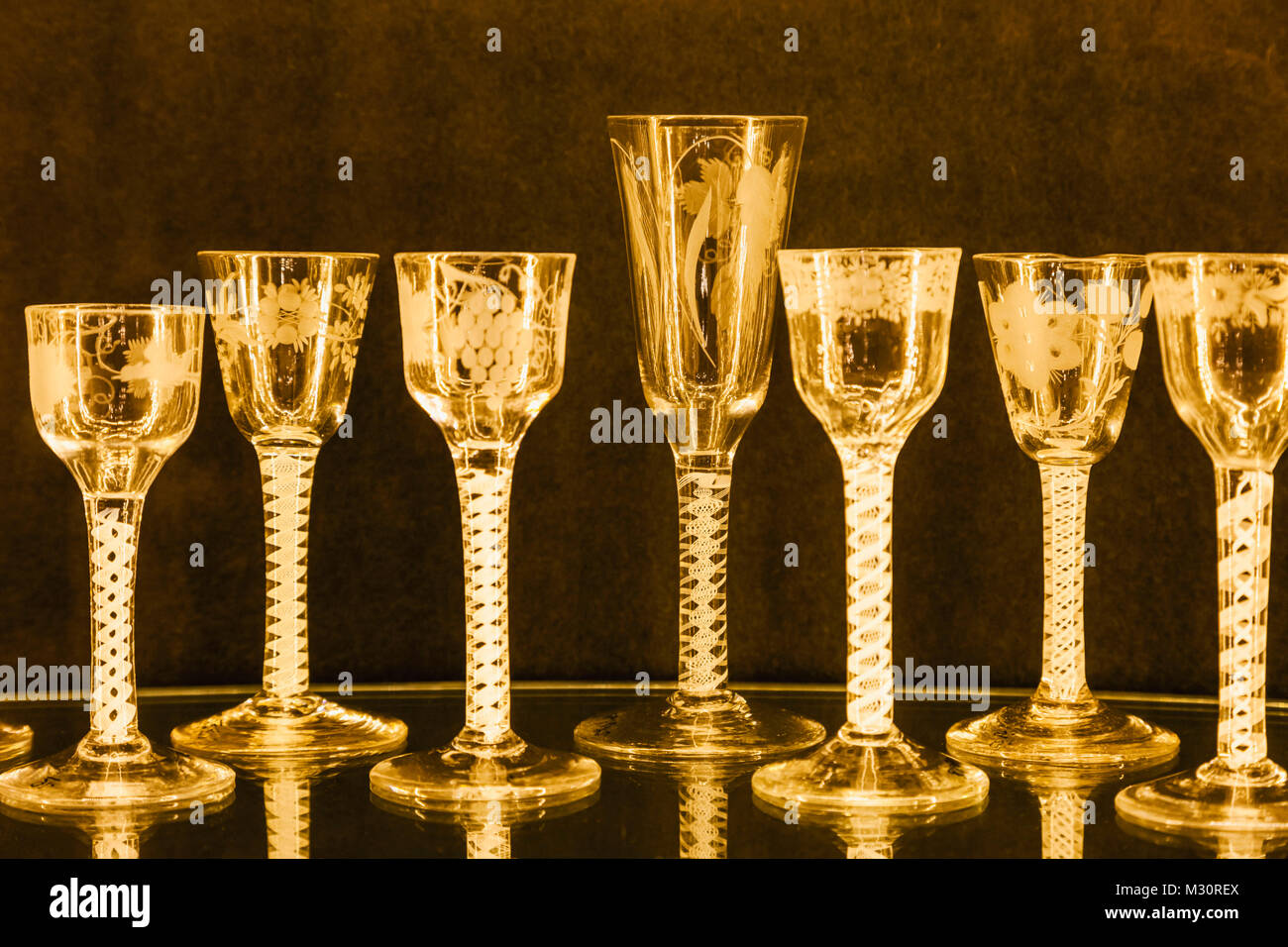 England, London, The City, The Vinters' Company, The Vinters' Hall, Display of Historical Wine Glasses Stock Photo
