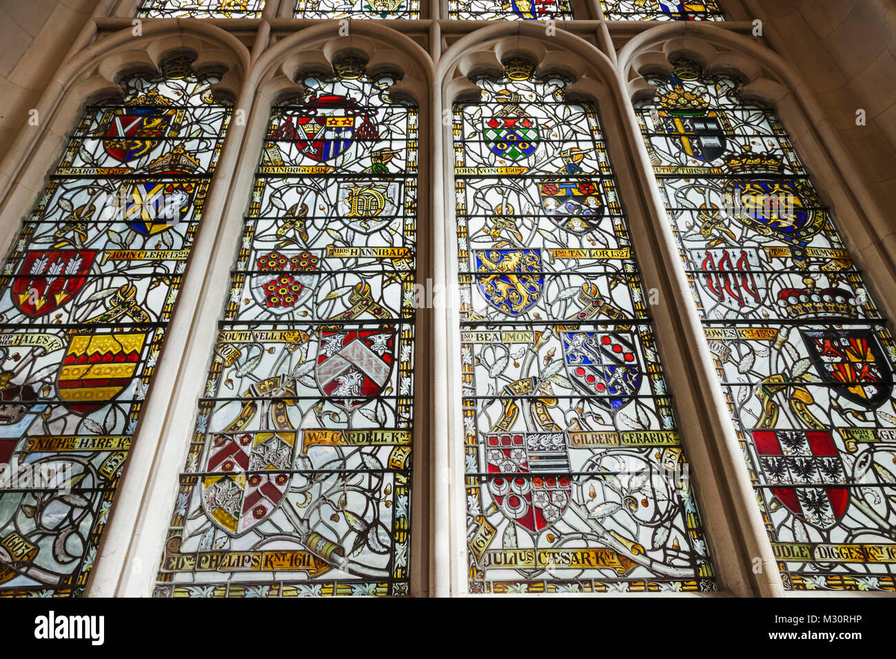 England, London, The City, King's College, The Maughan Library, The Weston Room, Stained Glass Window depicting The Coats of Arms of Previous Masters of the Rolls Stock Photo