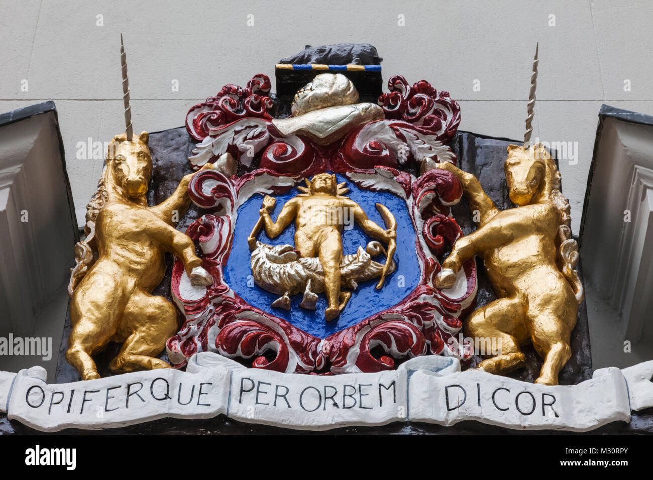 England, London, The City, Black Friars Lane, Entrance to the Apothecaries' Hall, Apothecaries Society Coat of Arms Stock Photo