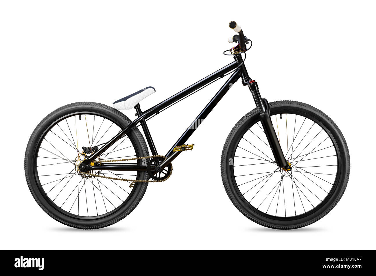 black gold slopestyle dirt jump bike bicycle isolated on white background Stock Photo