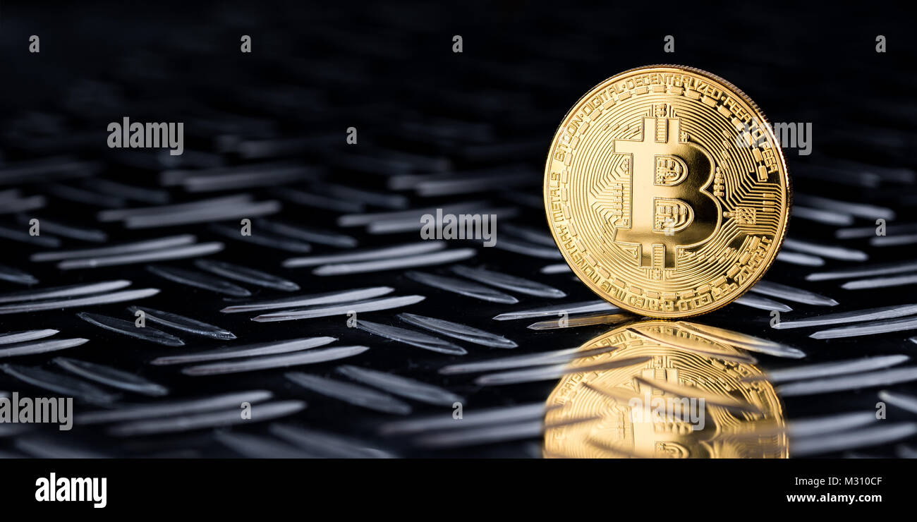 golden bitcoin crypto currency symbol coin on silver diamond steel plate  wide financial panorama black background Stock Photo - Alamy