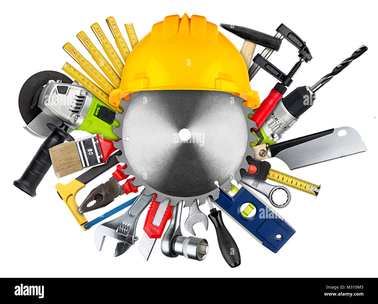 diy industrial concept tools behind buzz saw blade and building-site helmet isolated on white background Stock Photo