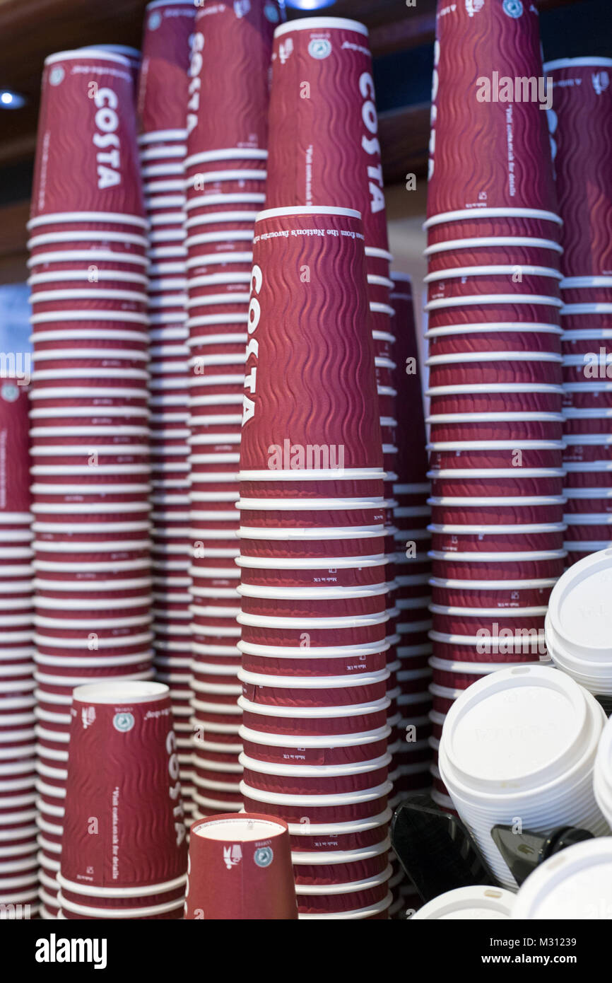 London, England, February 2018, Close up on Costa Coffee paper cups ...