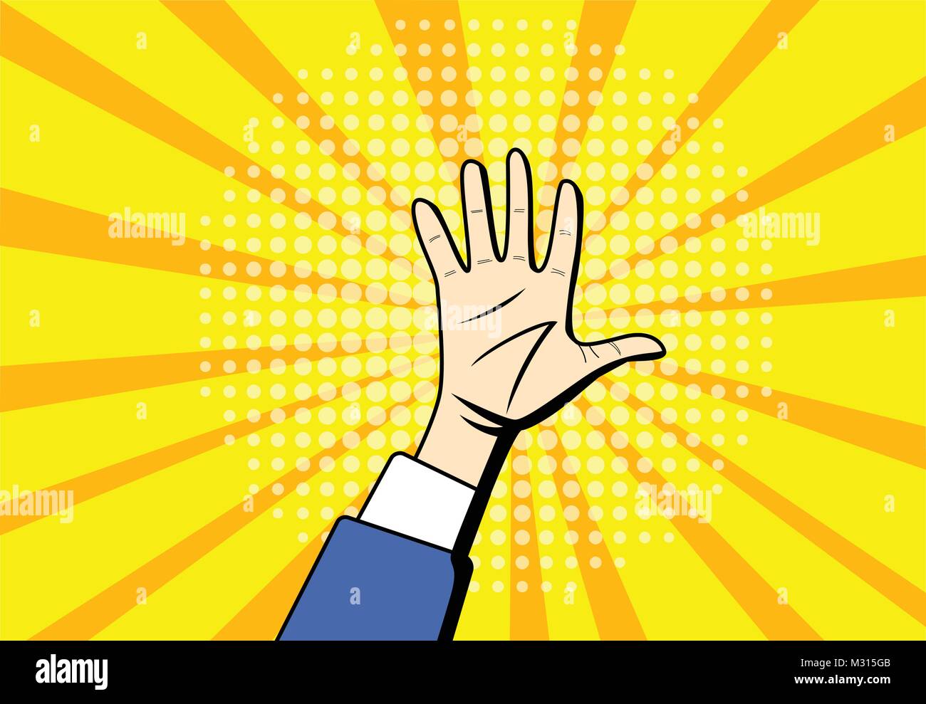 Pop art Raised Hands up at center background, vector Stock Vector